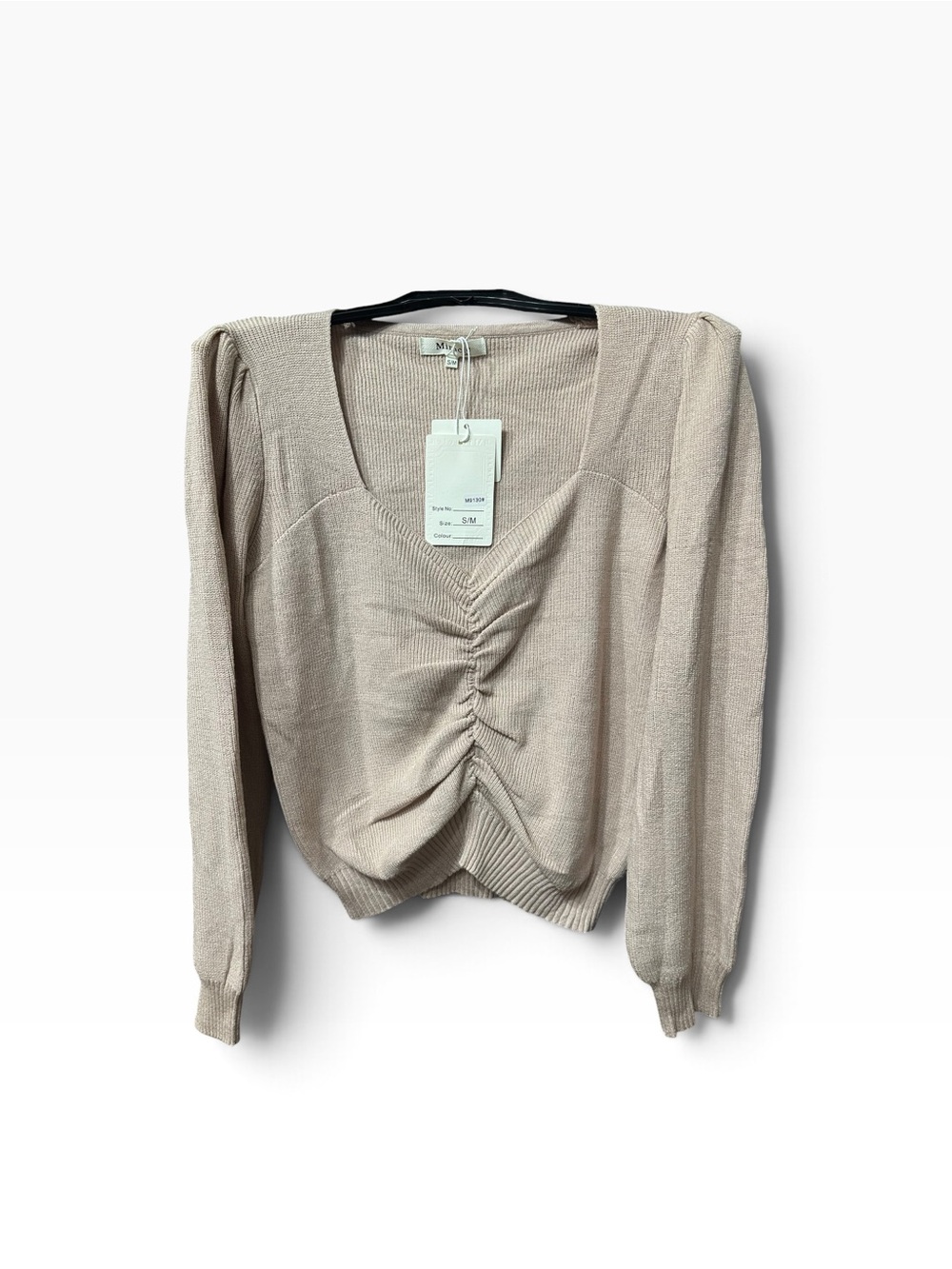 NWT Mify Beige Ruched Sweetheart Neck Knit Sweater S/M